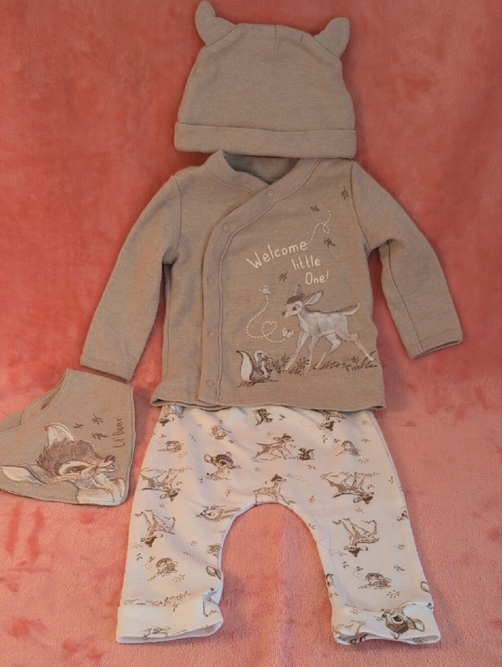 Disney Bambi 3/6m Matching Set With Beanie And Bib